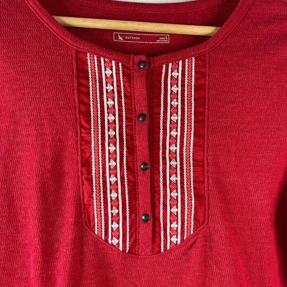 Eddie Bauer Womens Thermal Shirt Top Size Large Red Aztec Embroidered Round Neck - Picture 3 of 9